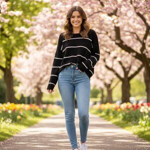 Chico's Women's Black and White Striped Waffle Knit Crewneck Sweater M